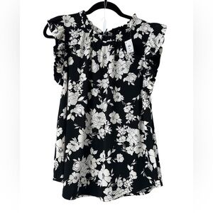 17 Flower & Feather Black/White Cap Sleeve Top
